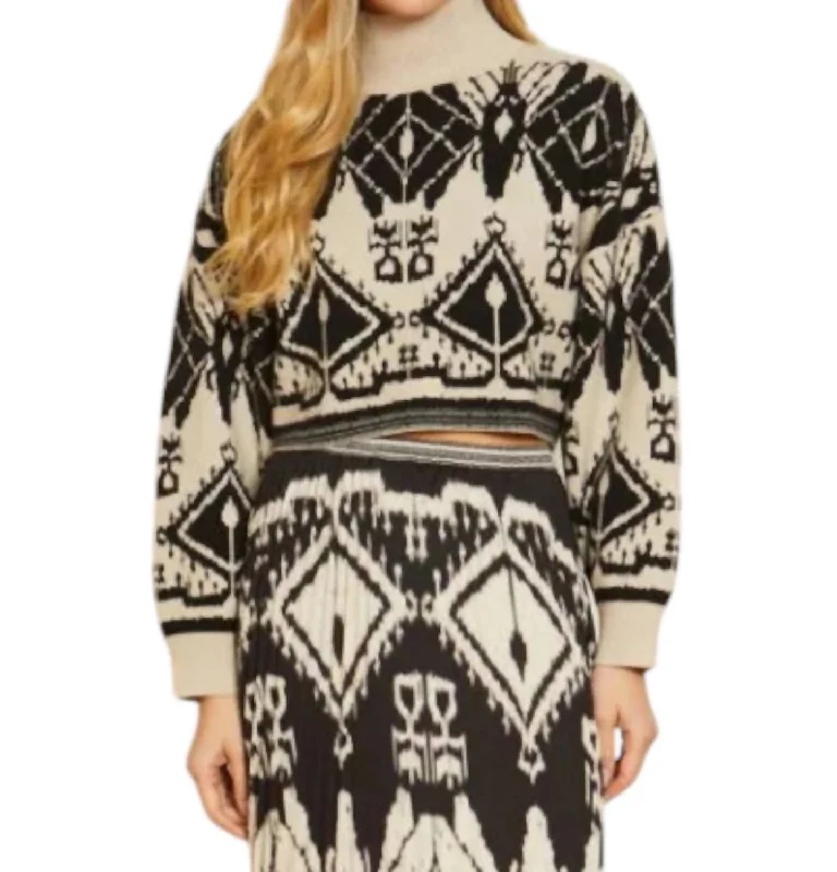 Maeva Sweater In Ikat Tapestry Zippered Front Buttoned Front Snap Front