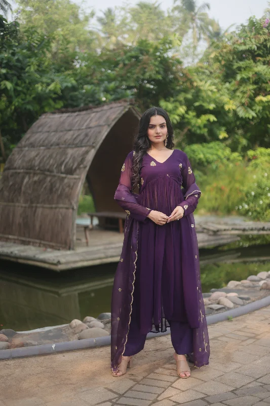 Women's Wine Faux Blooming Embroidered Kurta With Trouser & Dupatta - Jyoti Fashion Trousers Brand Named