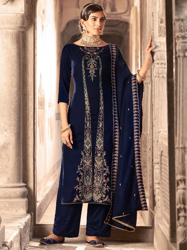 Women's Navy Blue Velvet Floral Resham Thread With Jari Work Kurta With Trouser & Dupatta - Jyoti Fashion Trousers Business Professional