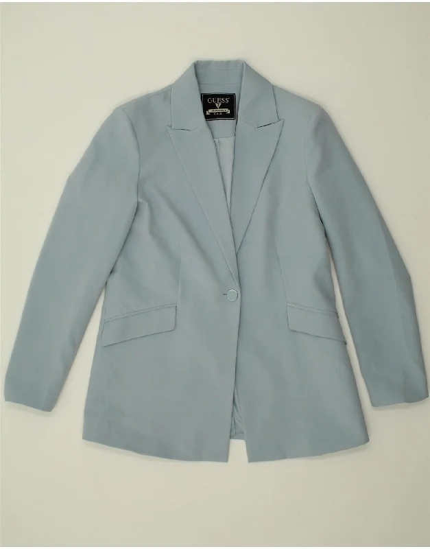 GUESS Womens 1 Button Blazer Jacket UK 14 Medium Blue Viscose Herringbone Jacket Checkered Jacket Solid Jacket