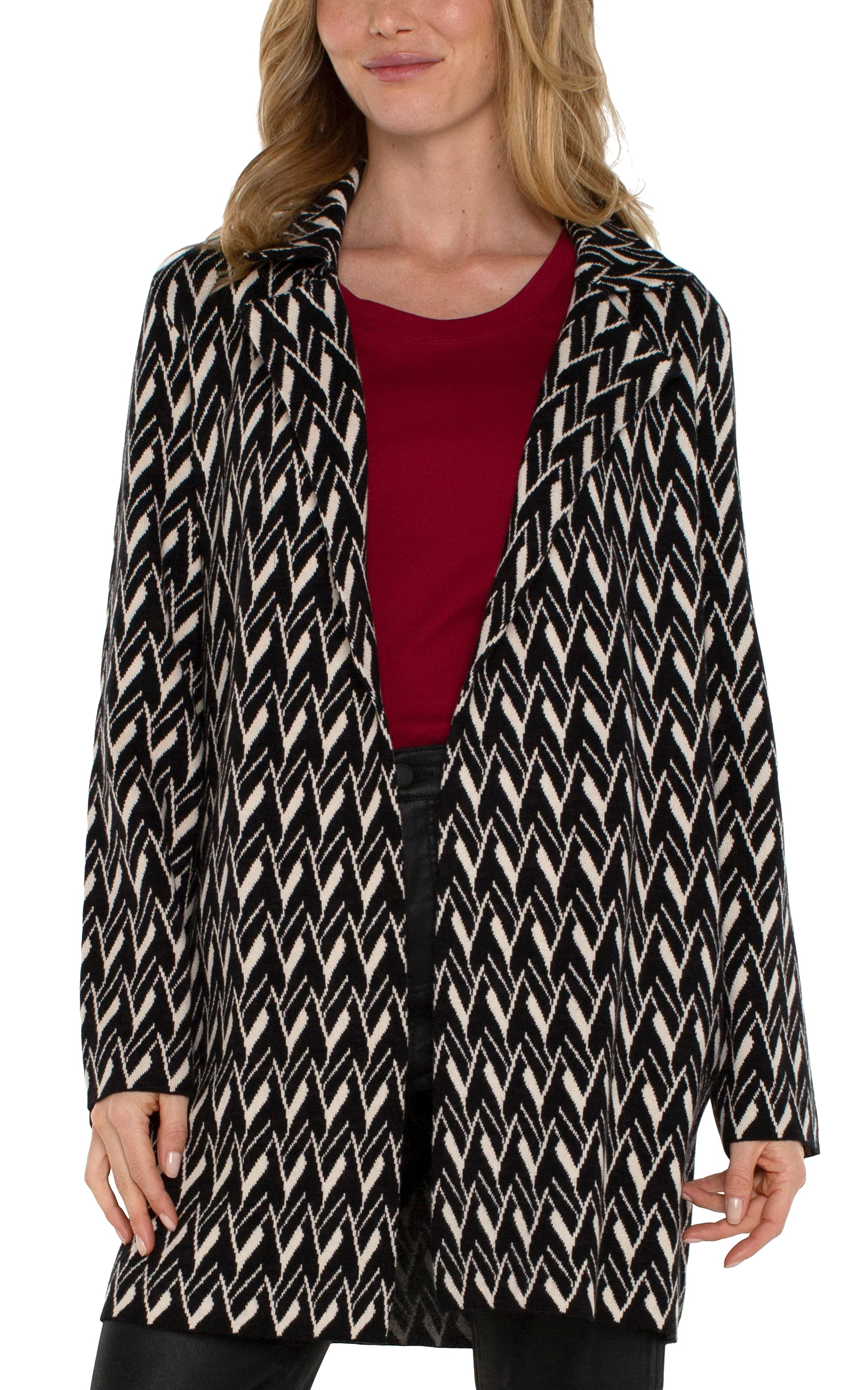 Open Front Coatigan Sweater - Black/Cream Chevron Satin Fabric Silk Fabric Chiffon Fabric