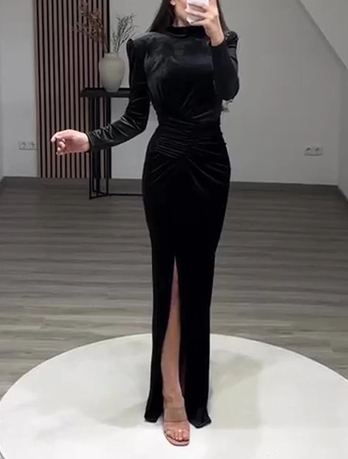 Sheath / Column Evening Gown Elegant Dress Formal Cocktail Party Floor Length Long Sleeve High Neck Velvet with Slit Tunics Seasonal trendy Sheath / Column Evening Gown Elegant Dress Formal Cocktail Party Floor Length Long Sleeve High Neck Velvet with Slit Tunics Seasonal trendy