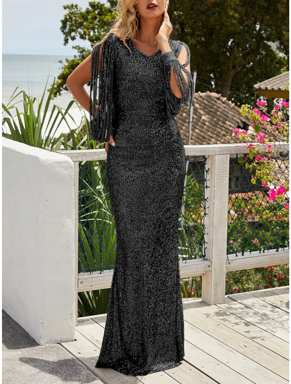 Sheath / Column Evening Gown Sparkle & Shine Dress Wedding Guest Party Wear Sweep / Brush Train Long Sleeve V Neck Sequined with Glitter Pleats Tunics Prom sequined Sheath / Column Evening Gown Sparkle & Shine Dress Wedding Guest Party Wear Sweep / Brush Train Long Sleeve V Neck Sequined with Glitter Pleats Tunics Prom sequined