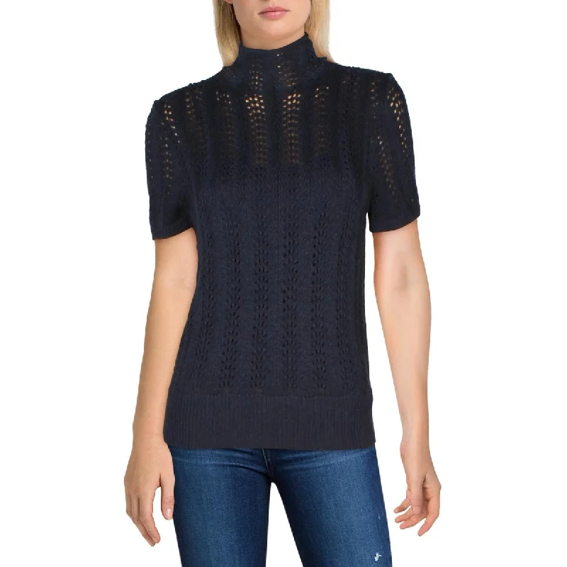 Womens Open Stitch Short Sleeve Mock Turtleneck Sweater Boxy Sweater Fitted Sweater A-Line