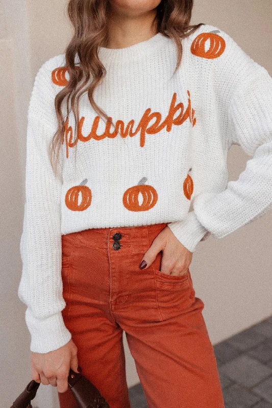 Pumpkin Embroidery Long Sleeve Sweater Embroidered Appliqued Beaded
