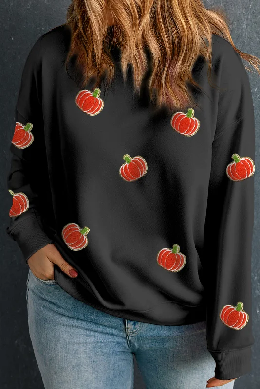 Black Chenille Pumpkin Patched Drop Shoulder Plus Size Sweatshirt Hoodie with Half-Zip Sporty Casual