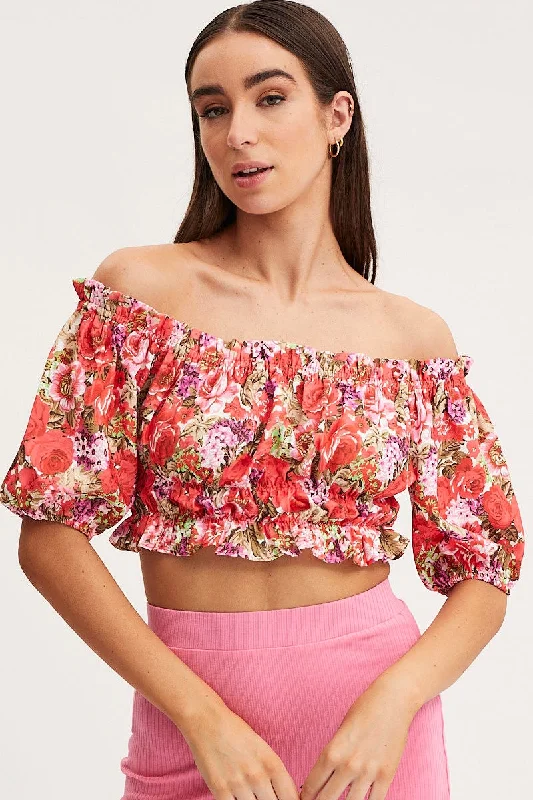 Print Crop Top Off Shoulder Machine Wash Dry Clean Hand Wash
