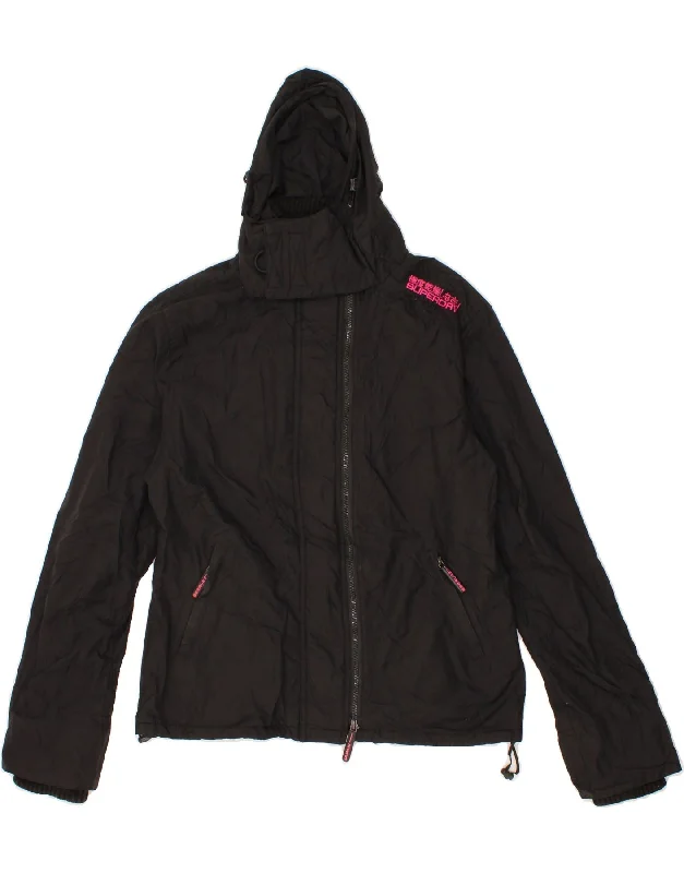 SUPERDRY Womens Hooded Windbreaker Jacket UK 18 XL Black Nylon Tailored Jacket Straight Jacket A-Line Jacket