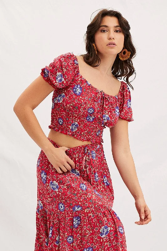 Boho Print Square Neck Puff Sleeve Crop Top Ribbed Striped Patterned