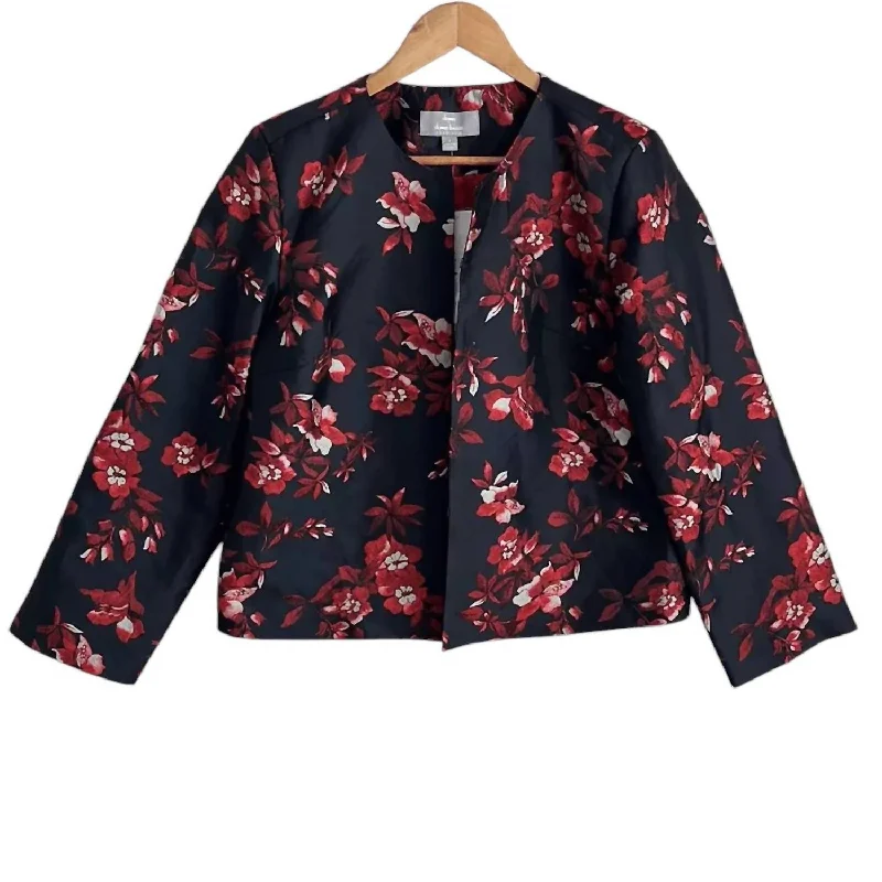 Women's Floral Short Blazer Jacket In Black And White Stand-Up Collar Roll-Neck Collar Turtle Neck