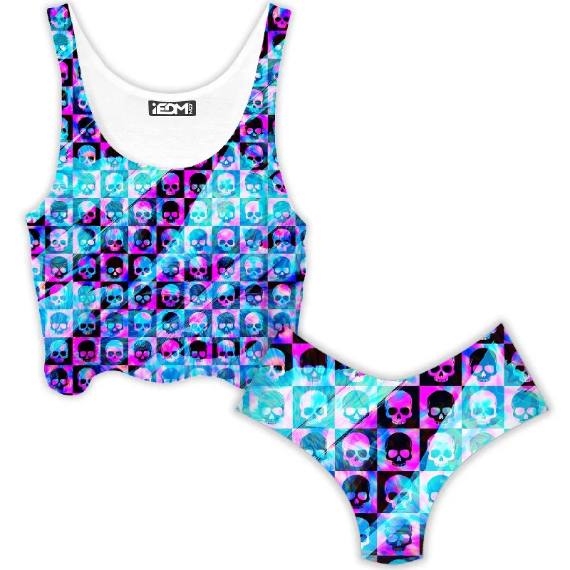 Skull Fam Blue Crop Top and Booty Shorts Combo Sequined Glittery Shiny