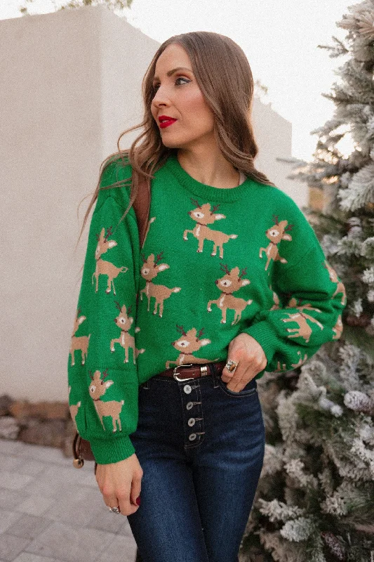Green Sweater with Reindeer Pattern Fleece Fabric Down Fabric Feather Fabric
