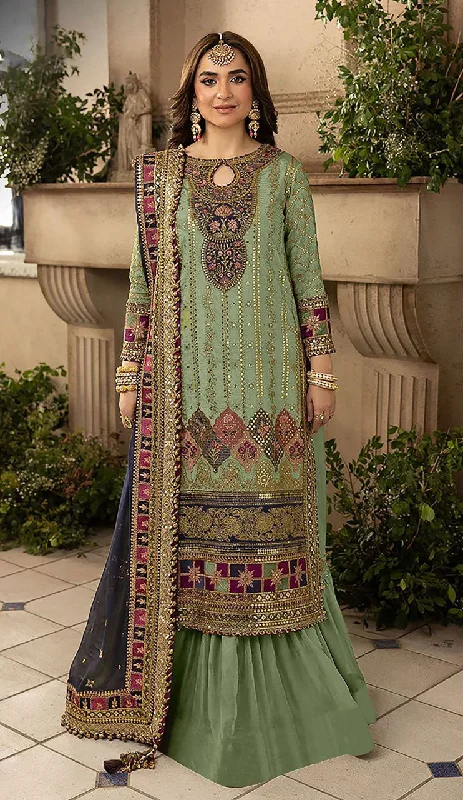 Women's Sea Green Organza Embroidered Kurta With Trouser & Dupatta - Jyoti Fashion Trousers Tapered Slim Fit