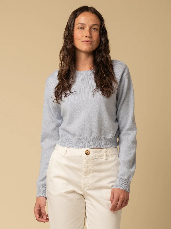 Crop Long Sleeve Sweater_Baby Blue Plaid Sweater Polka Dot Checkered