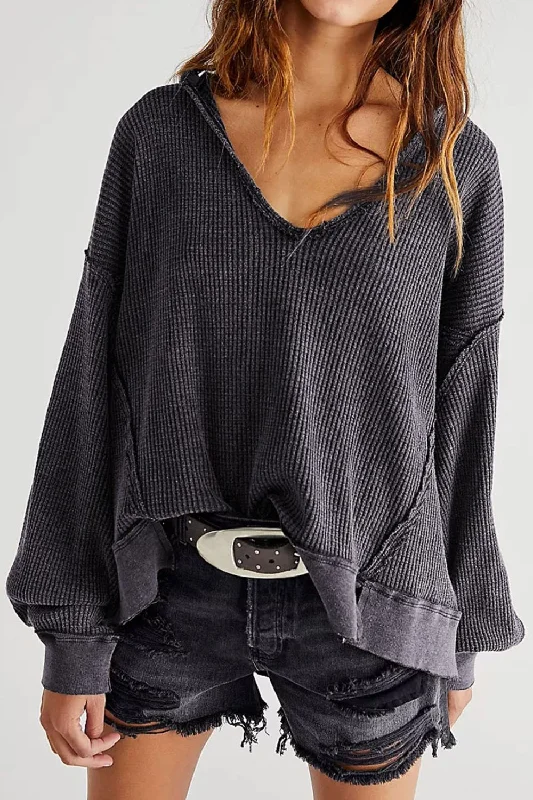 Waffle-Knit Notched Long Sleeve Sweatshirt Hoodie with Illustration Artistic Creative