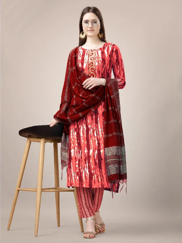 Women's Orange Rayon Print With Embroidery & Fancy Lace Work Kurta With Trouser & Dupatta - Jyoti Fashion Chinos Cotton Straight Leg