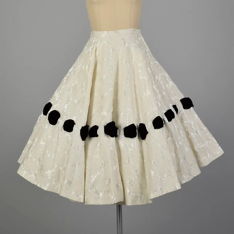 XS 1950s  White Brocade Circle Skirt with Velvet Ribbon mini skirt trendy