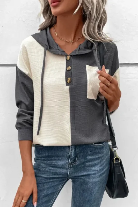 Rebecca Waffle-Knit Two-Tone Long Sleeve Hoodie Hoodie with Pastel Soft Subtle