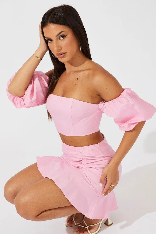 Pink Crop Top Balloon Sleeve Bardot Shoulder Polka Dot Checkered Tartan