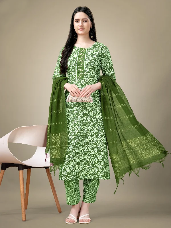 Women's Green Rayon Embroidery & Sequence Work Kurta With Trouser & Dupatta - Jyoti Fashion Trousers Bootcut Casual