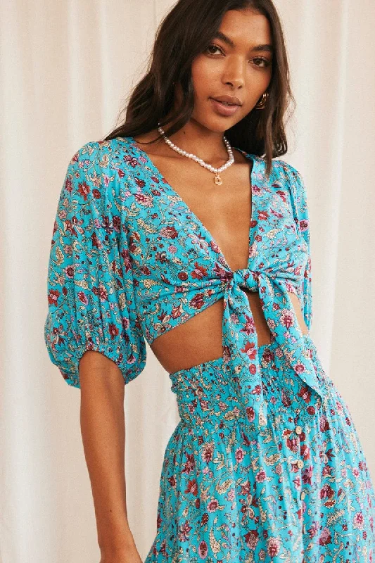 Blue Boho Crop Top Tie Front Chenille Brocade Lace