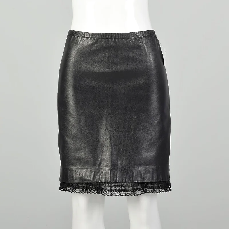 XS 1990s Leather Skirt Black Sexy Peekaboo Lace Trim velvet skirt glossy