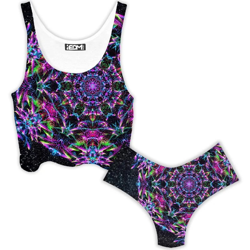 Purp Geometric Crop Top and Booty Shorts Combo Jersey Fabric Tulle Fabric Batik Fabric