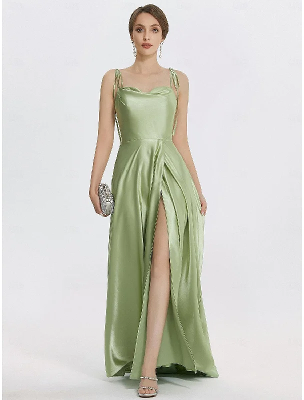 A-Line Evening Gown Elegant Dress Formal Prom Floor Length Sleeveless Spaghetti Strap Satin with Ruched Slit Strappy Tunics Denim casual A-Line Evening Gown Elegant Dress Formal Prom Floor Length Sleeveless Spaghetti Strap Satin with Ruched Slit Strappy Tunics Denim casual