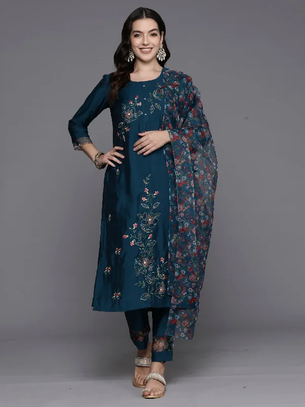 Women's Teal Embroidered Straight Kurta Trousers With Dupatta Set - Indo Era Trousers Flared Retro