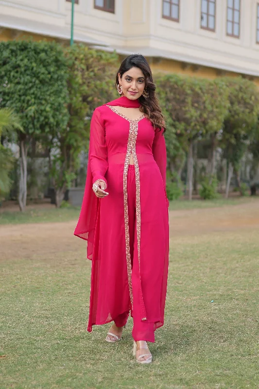 Women's Pink Faux Blooming Embroidered Kurta With Trouser & Dupatta - Jyoti Fashion Trousers Designer Luxury