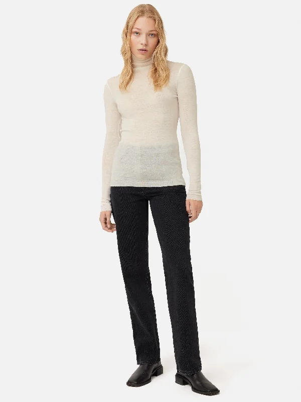Wool Jersey Polo Neck Top | Ivory Royal Blue Jersey Shirt