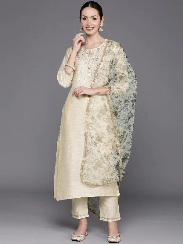 Women's Off White Embroidered Straight Kurta Trousers With Dupatta Set - Indo Era Trousers Capri Summer