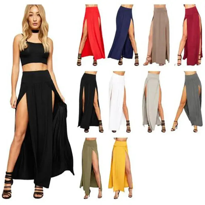 High Waisted Double Slit Maxi Skirt wool skirt breathable