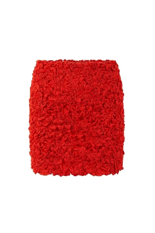 RED SMOCKED MINI SKIRT leather skirt sleek