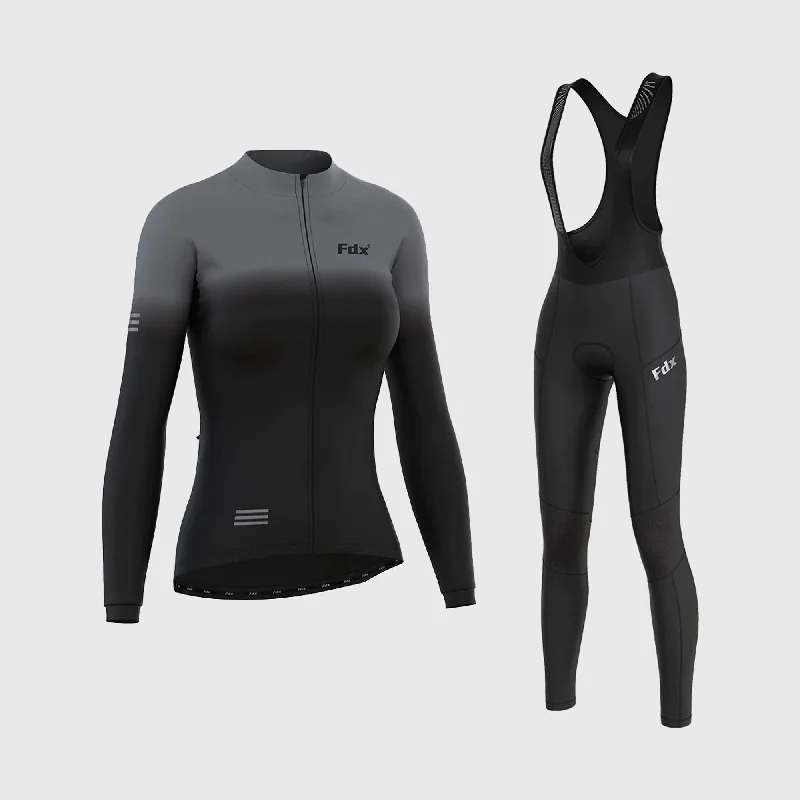 Fdx Women's & Girl's Set Duo Thermal Super Roubaix Black / Grey Long Sleeve Cycling Jersey & Bib Tights Geometric Jersey Top Fdx Women's & Girl's Set Duo Thermal Super Roubaix Black / Grey Long Sleeve Cycling Jersey & Bib Tights Geometric Jersey Top