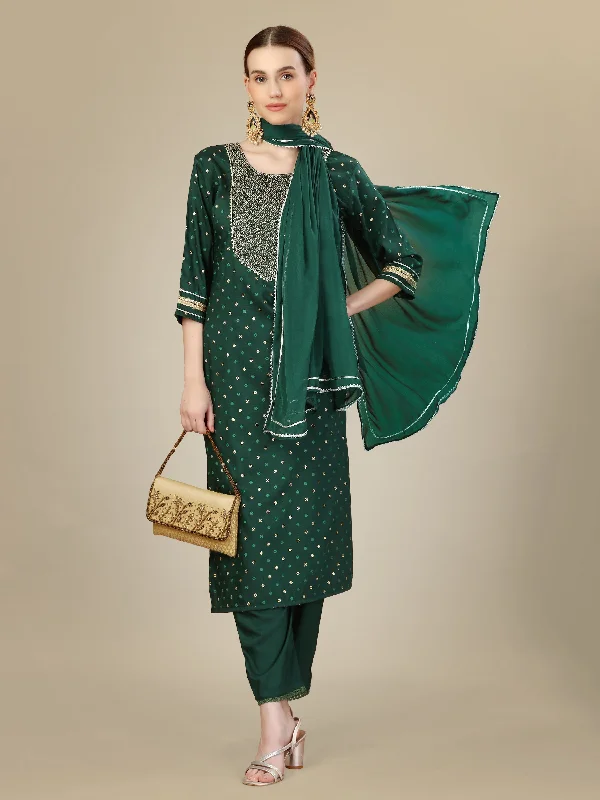 Women's Dark Green Silk Blend Embroidery & Sequence Work Kurta With Trouser & Dupatta - Jyoti Fashion Trousers Vintage Classic