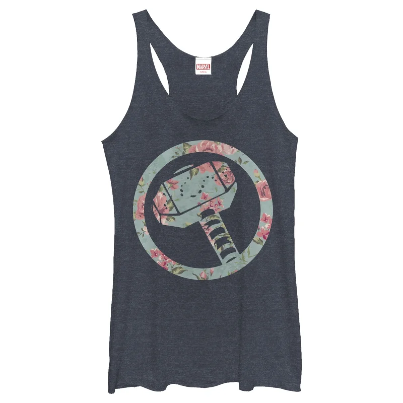 Women's Marvel Thor Hammer Floral Print Racerback Tank Top navy tank top