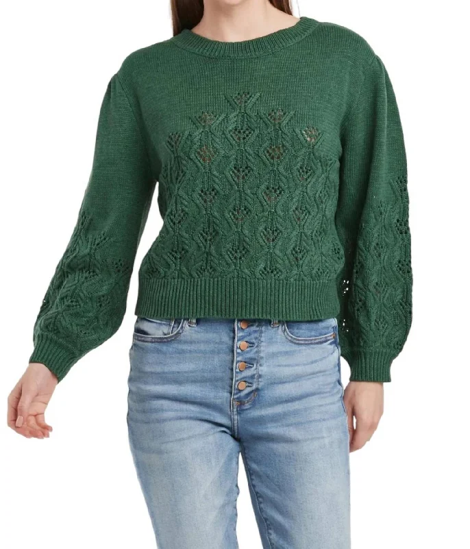 Krista Pointelle Puff Sweater In Clover Turtle Neck Boat Neck Asymmetrical Neck