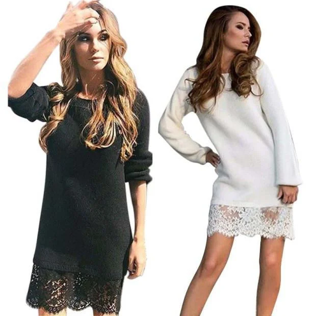 WJ Winter Autumn Women Long Sleeve Warm Lace Knitted Sweater Dresses Black White Slim Bodycon Dress Party Vestidos Thin Thick Dense
