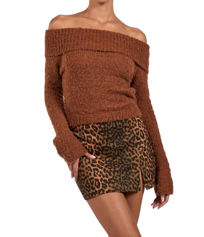 Bliss Off Shoulder Sweater In Brown Striped Floral Plaid