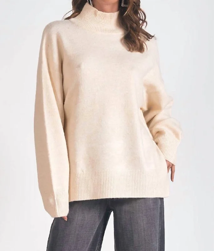 Melanie Mock Turtleneck Sweater In Ivory Faux Fur Fabric Real Fur Fabric Shearling Fabric