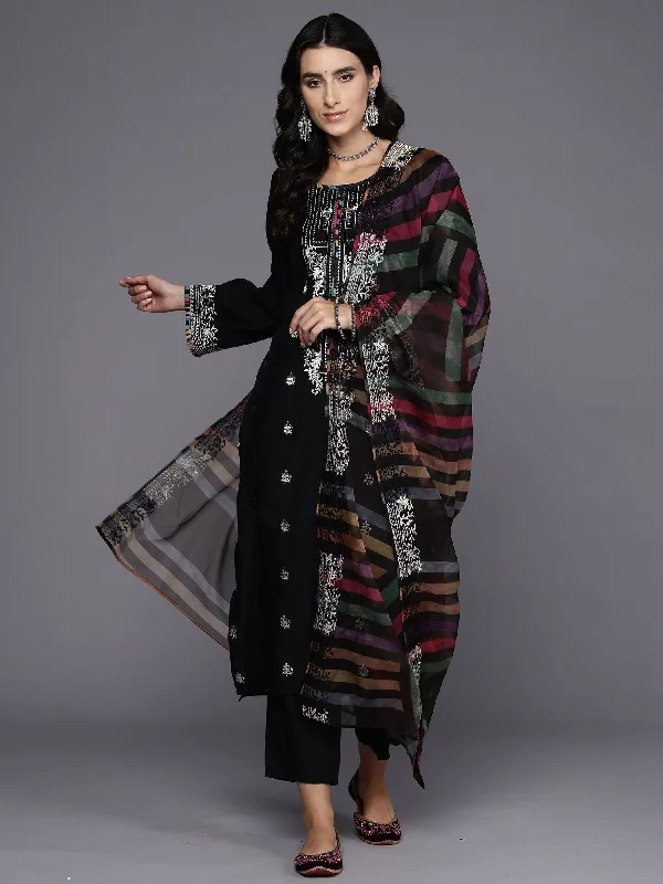 Women's Black Embroidered Straight Kurta Trousers With Dupatta Set - Indo Era Trousers Solid Black