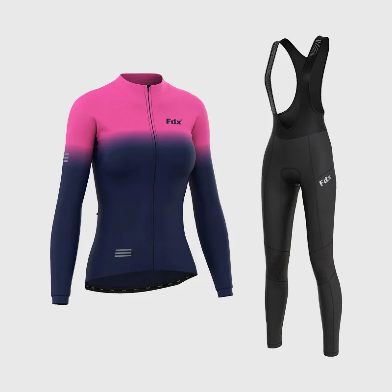 Fdx Women's & Girl's Set Duo Thermal Super Roubaix Pink / Blue Long Sleeve Cycling Jersey & Bib Tights Polka Dot Jersey Shirt Fdx Women's & Girl's Set Duo Thermal Super Roubaix Pink / Blue Long Sleeve Cycling Jersey & Bib Tights Polka Dot Jersey Shirt
