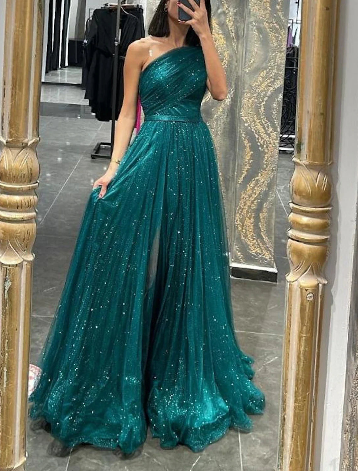 A-Line Evening Gown Glittering Dress Wedding Prom Court Train Sleeveless One Shoulder Tulle with Glitter Ruched Appliques Tunics Yoga stretchy A-Line Evening Gown Glittering Dress Wedding Prom Court Train Sleeveless One Shoulder Tulle with Glitter Ruched Appliques Tunics Yoga stretchy