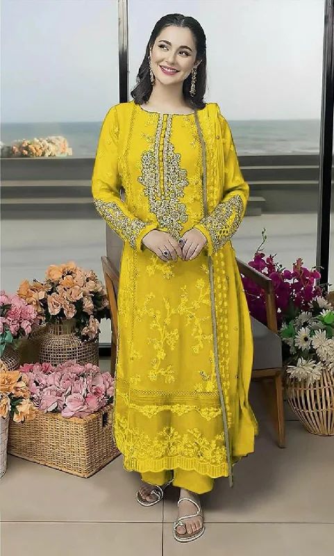 Women's Yellow Faux Georgette Embroidered Kurta With Trouser & Dupatta - Jyoti Fashion Trousers Palazzo Wide Leg
