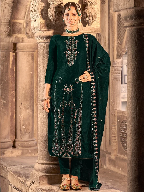 Women's Green Velvet Floral Resham Thread With Jari Work Kurta With Trouser & Dupatta - Jyoti Fashion Trousers Running Lightweight