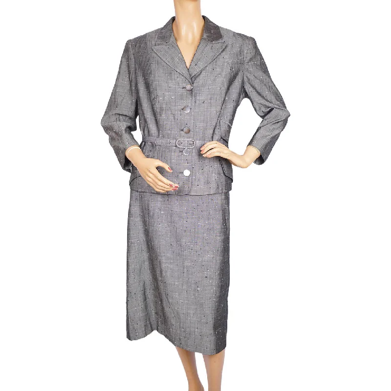 Vintage 1950s Silver Grey Silk Skirt Suit Meme Dysthe Montreal Designer Size M L silk skirt lustrous