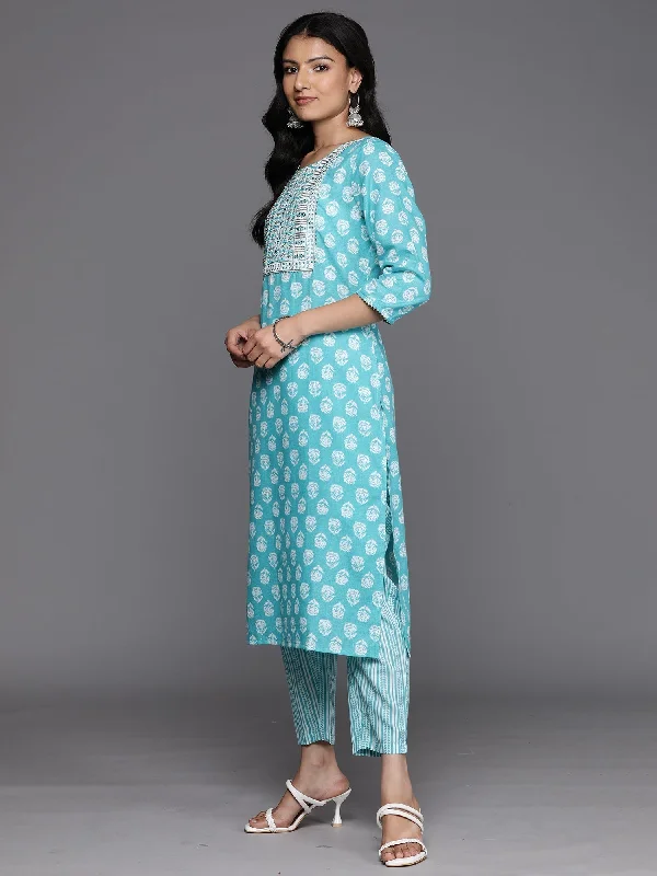 Women's Blue Printed Straight Kurta Trousers With Dupatta Set - Indo Era Trousers Tapered Slim Fit