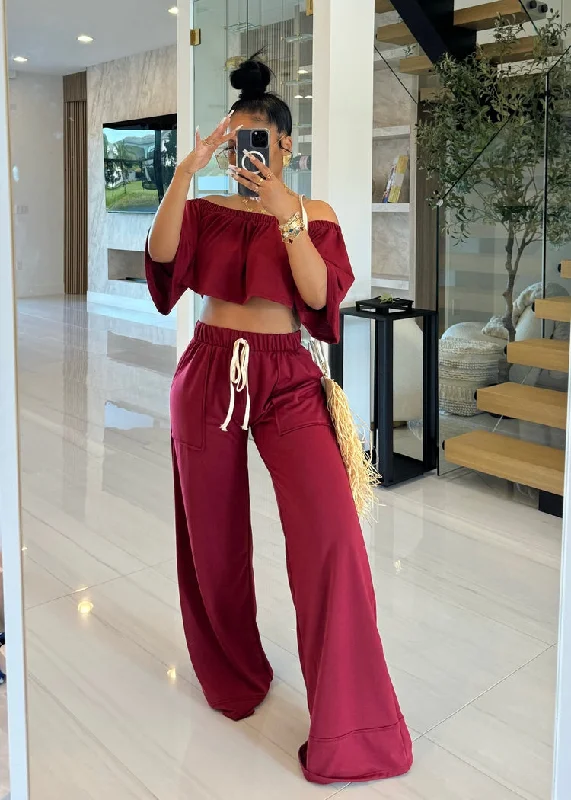 WTP15291P-Off Shoulder Crop Top & Pants Set Hooded Caped Shawl Collar