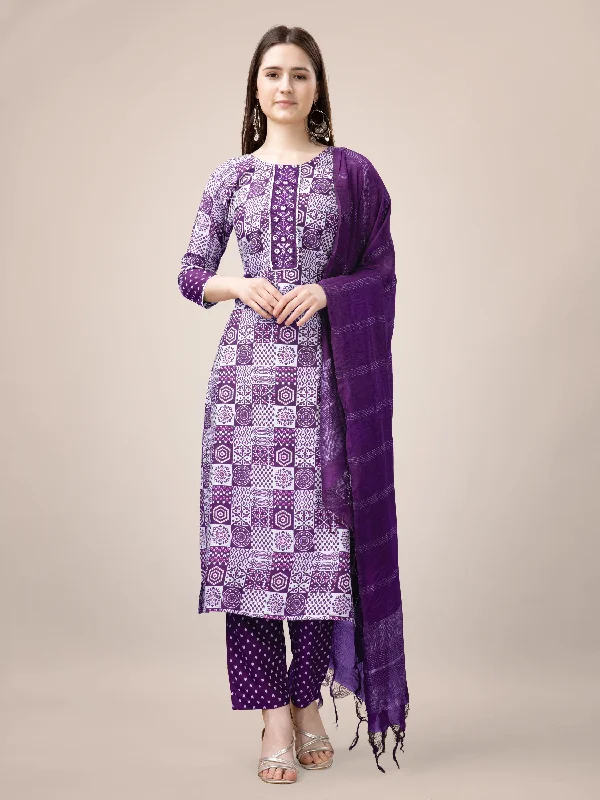 Women's Purple Rayon Print With Embroidery & Fancy Lace Work Kurta With Trouser & Dupatta - Jyoti Fashion Wide Leg Loose Fit Mid Waist